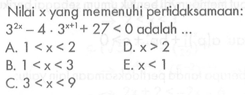 Nilai x yang memenuhi pertidaksamaan: 3^2x-4.3^(x+1)+27<0 adalah...