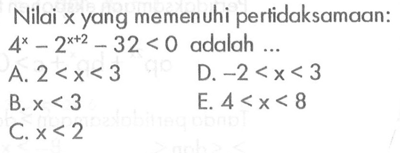 Nilai x yang memenuhi pertidaksamaan: 4^x-2^(x+2)-32<0 adalah ...