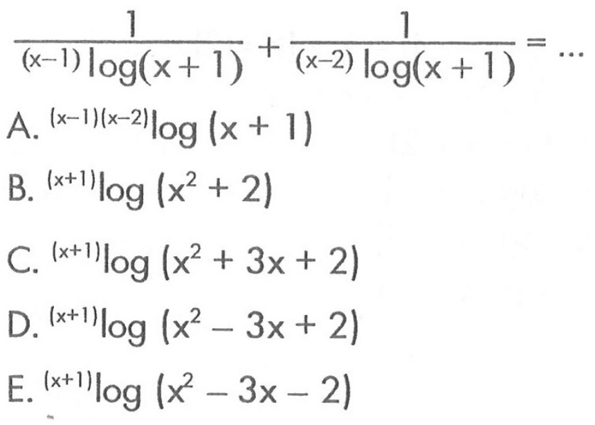 (1/((x-1)log(x+1)))+(1/((x-2)log(x+1)))=...