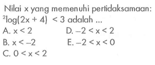 Nilai x yang memenuhi pertidaksamaan: 2log(2x+4)<3 adalah ...