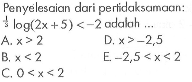 Penyelesaian dari pertidaksamaan: (1/3)log(2x+5)<-2 adalah...