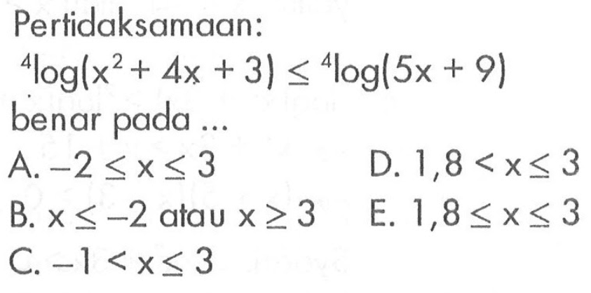 Pertidaksamaan: 4log(x^2+4x+3)<=4log(5x+9) benar pada ...