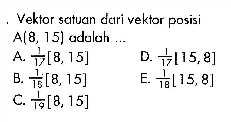 Vektor satuan dari vektor posisi A(8,15) adalah ...