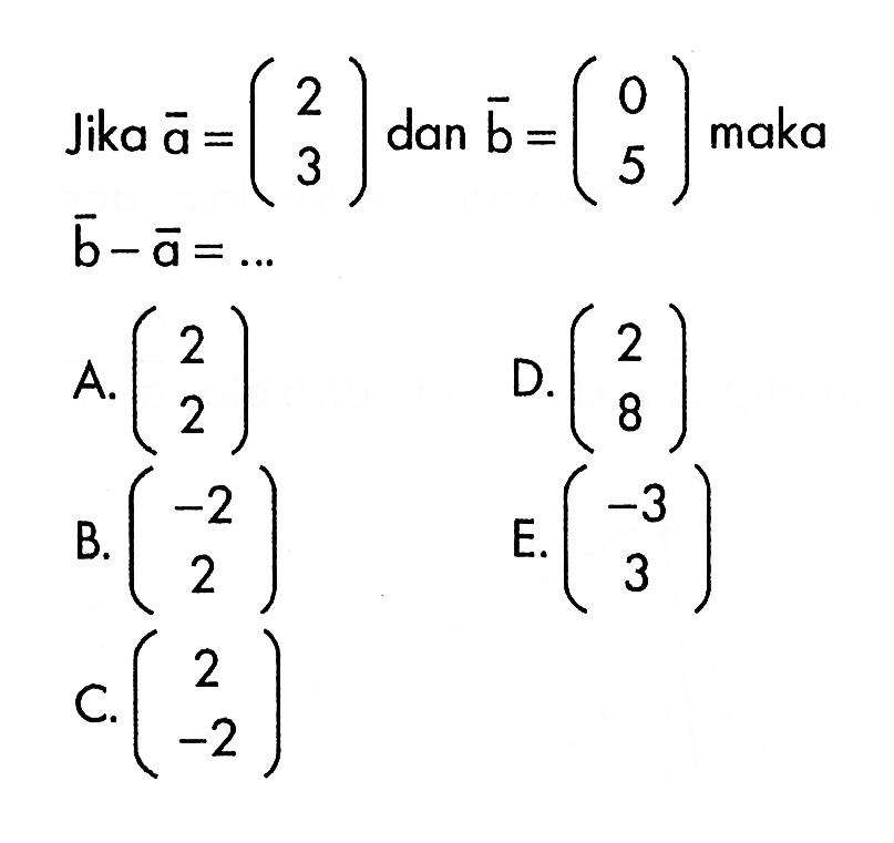 Jika  a=(2  3)  dan  b=(0  5)  maka  b-a=... 