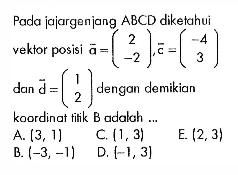 Pada jajargenjang ABCD diketahui vektor posisi a=(2 -2), c=(-4 3) dan d=(1 2) dengan demikian koordinat titik B adalah ...