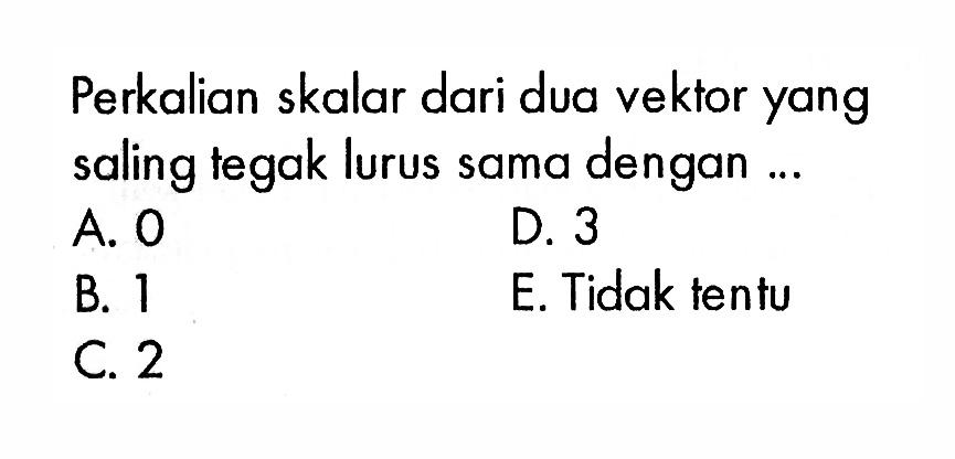 Perkalian skalar dari dua vektor yang saling tegak lurus sama dengan ...