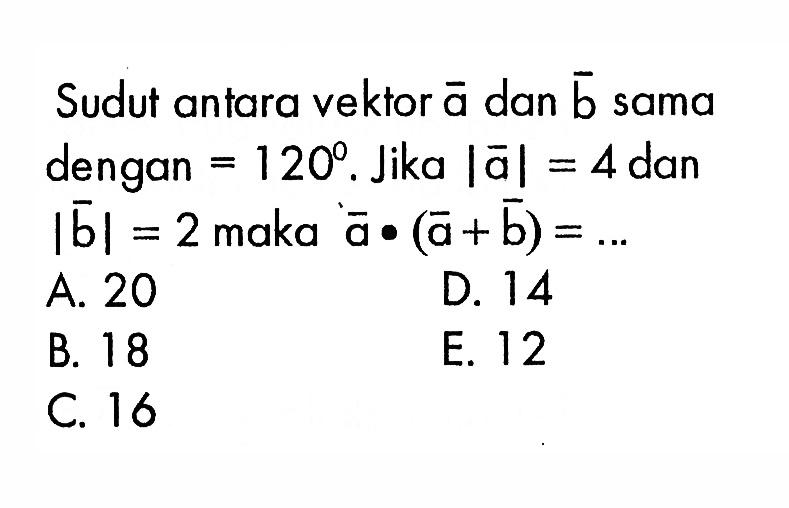 Sudut antara vektor a dan b sama dengan=120. Jika |a|=4 dan |b|=2 maka a .(a+b)=.... 