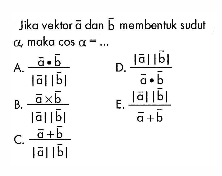 Jika vektor a dan vektor b membentuk sudut a , maka cos a=...