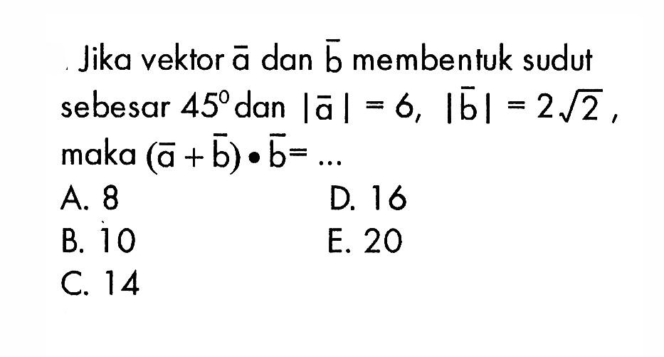 Jika vektor a dan vektor b membentuk sudut sebesar 45 dan |a|=6, |b|=2 akar(2), maka (a+b).(b)=...