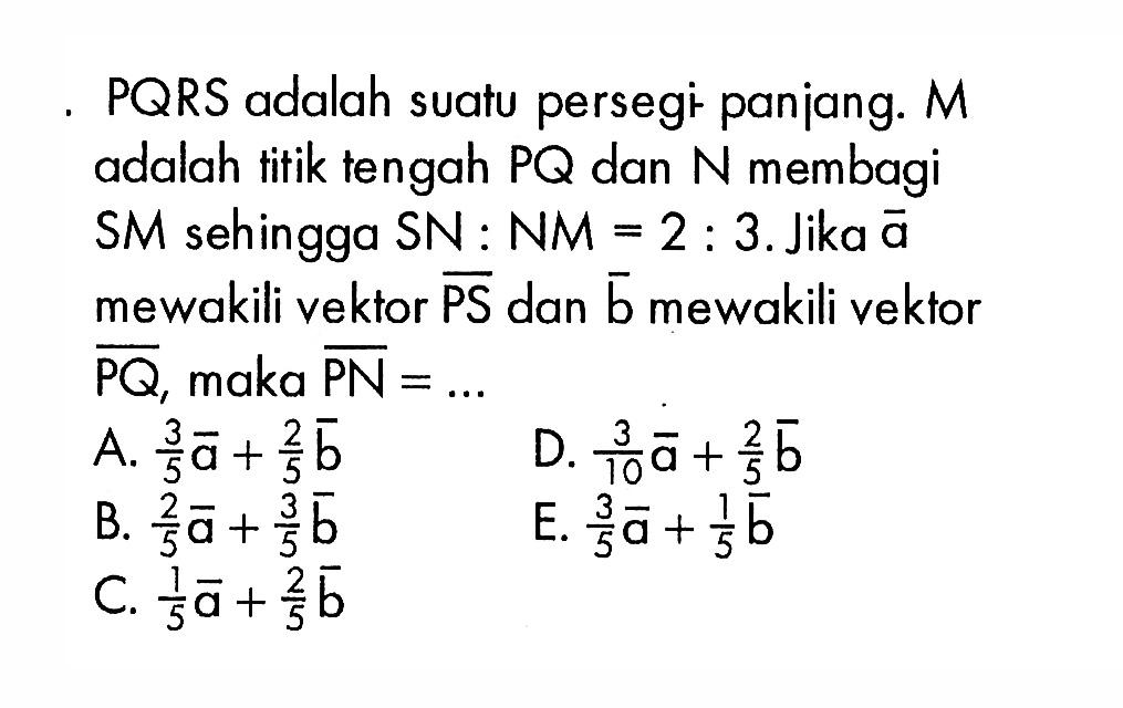 PQRS adalah suatu persegi panjang. M adalah titik tengah PQ dan N membagi SM sehingga SN:NM =2:3. Jika a mewakili vektor PS dan b mewakili vektor PQ, maka PN=.... 