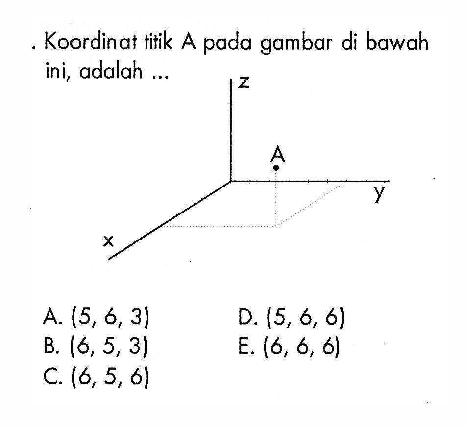 Koordinat titik A pada gambar di bawah ini, adalah ... A. (5,6,3) 
B. (6,5,3) 
C. (6,5,6) 
D. (5,6,6) 
E. (6,6,6)