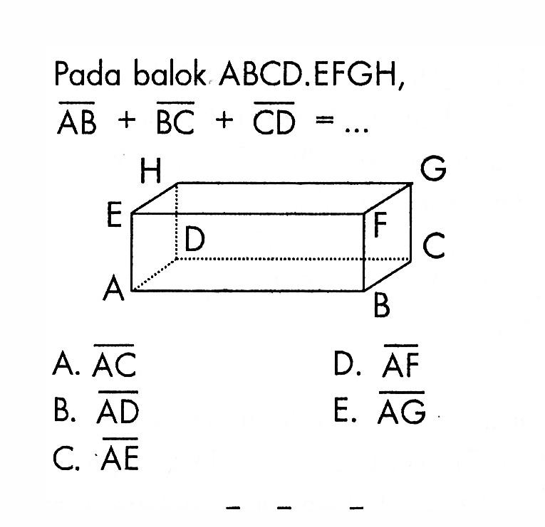 Pada balok ABCD.EFGH,  AB+BC+CD=.... 