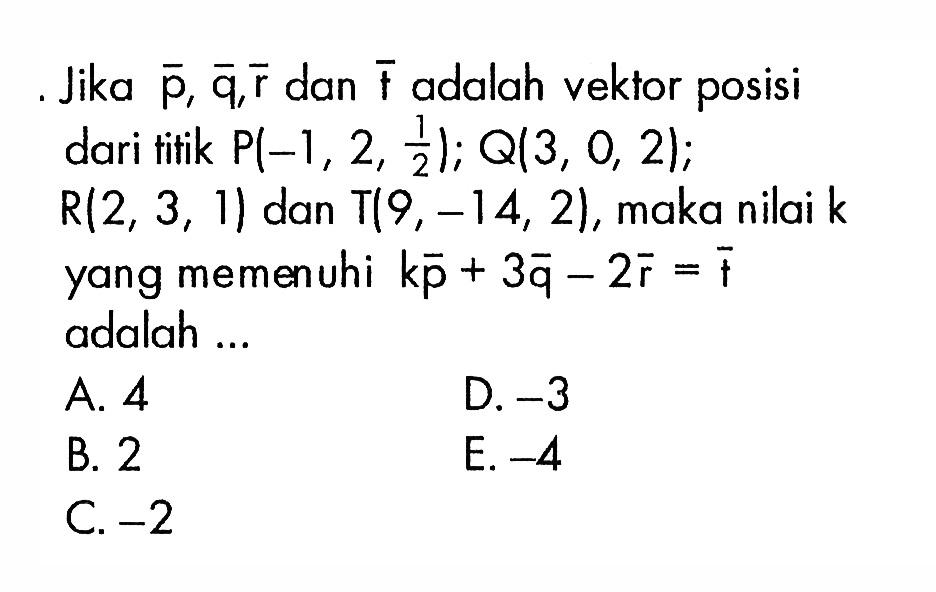 Jika vektor p, vektor q, vektor r dan vektor t adalah vektor posisi dari titik  P(-1,2,1/2); Q(3,0,2); R(2,3,1) dan T(9,-14,2), maka nilai k yang memenuhi k vektor p+3 vektor q-2 vektor r=vektor t adalah ...