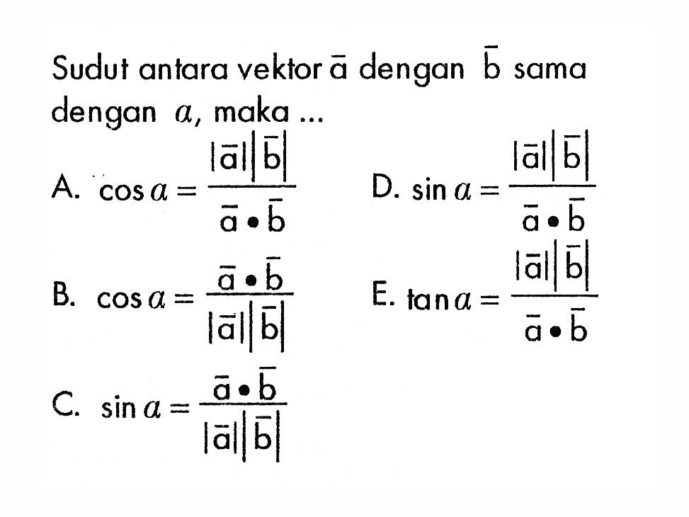 Sudut antara vektor a dengan vektor b sama dengan alpha, maka ...