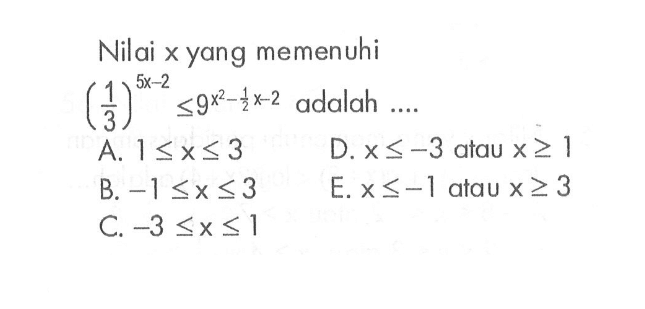 Nilai x yang memenuhi (1/3)^(5x-2)<=9^(x^2-1/2x-2) adalah ...