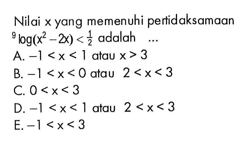 Nilai x yang memenuhi pertidaksamaan 9log(x^2-2x)<1/2 adalah...