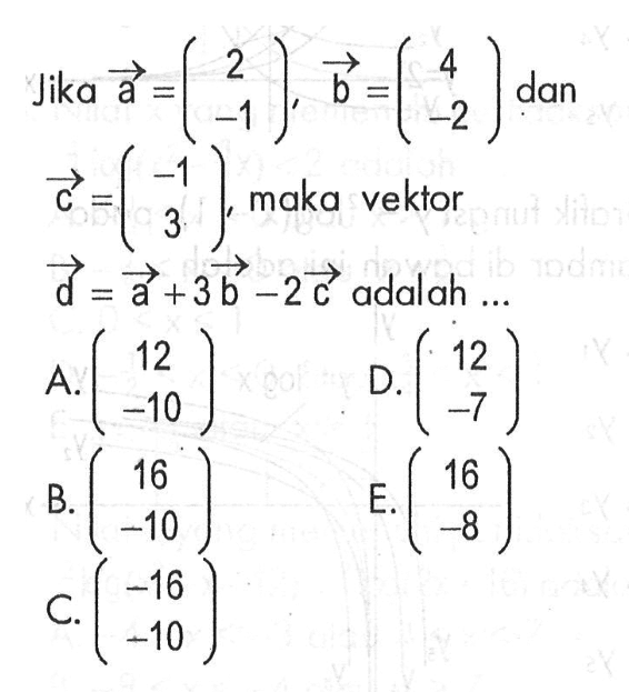 Jika a=(2 -1), b=(4 -2) dan c=(-1 3), maka vektor d=a+3b-2c adalah ...