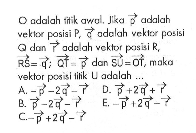 O adalah titik awal. Jika vektor p adalah vektor posisi  P, vektor q adalah vektor posisi Q dan vektor r adalah vektor posisi R vektor RS=vektor q; vektor QT=vektor p dan vektor SU=vektor OT, maka vektor posisi titik U adalah ... x