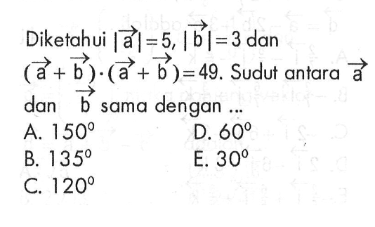 Diketahui |vektor a|=5,| vektor b|=3 dan (vektor a+ vektor b) .(vektor a+ vektor b)=49 . Sudut antara vektor a dan vektor b sama dengan ...