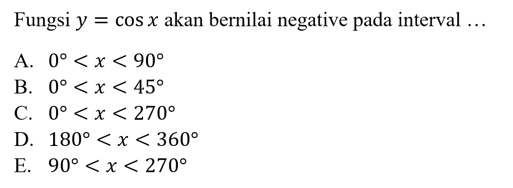 Fungsi y=cos x akan bernilai negative pada interval ...