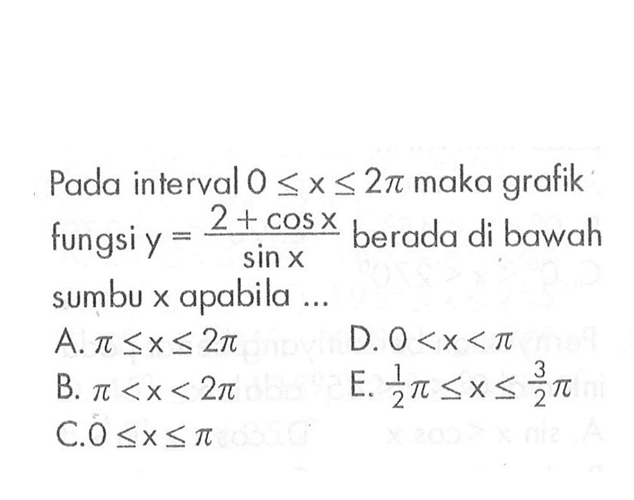 Pada interval 0<=x<=2pi maka grafik fungsi y=(2+cos  x)/sin x berada di bawah sumbu x apabila 