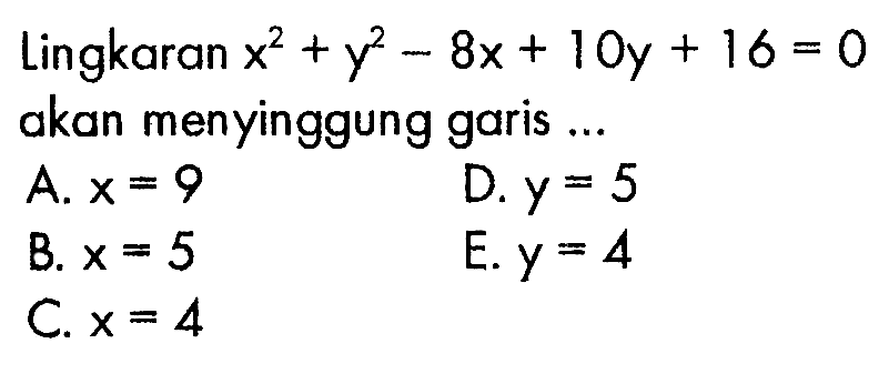 Lingkaran x^2+y^2-8x+10y+16=0 akan menyinggung garis ...