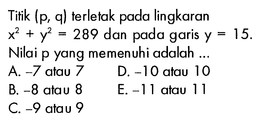 Titik (p, q) terletak pada lingkaran x^2+y^2=289 dan pada garis  y=15. Nilai p yang memenuhi adalah ...
