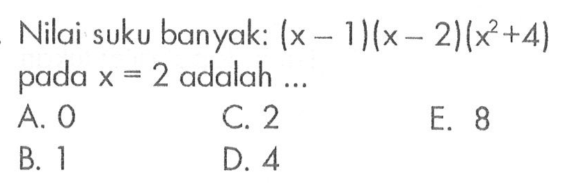 Nilai suku banyak: (x-1)(x-2)(x^2+4) pada x=4 adalah...