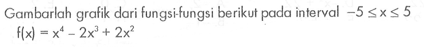 Gambarlah grafik dari fungsi-fungsi berikut pada interval  -5<=x<=5 f(x)=x^4-2x^3+2x^2