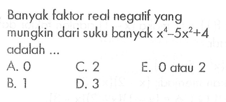 Banyak faktor real negatif yang mungkin dari suku banyak x^4-5x^2+4 adalah ...