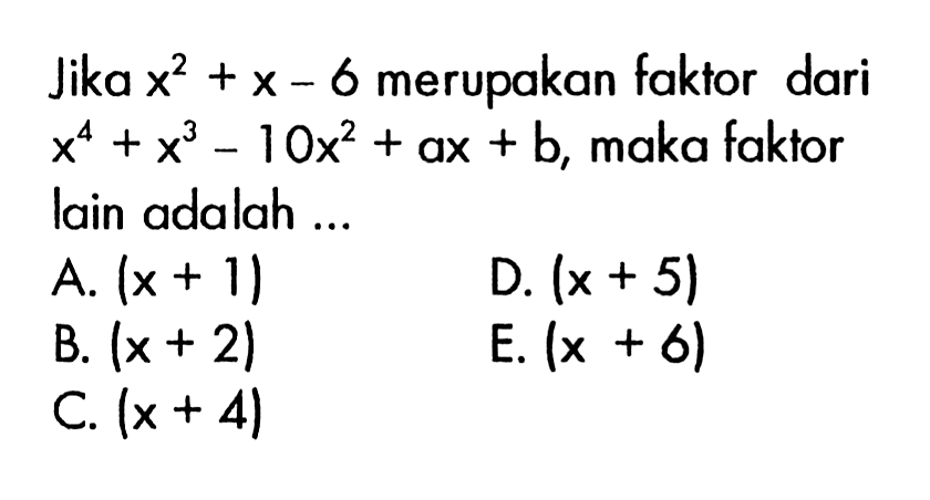 Jika x^2+x-6 merupakan faktor dari x^4+x^3-10x^2+ax+b, maka faktor lain adalah ...