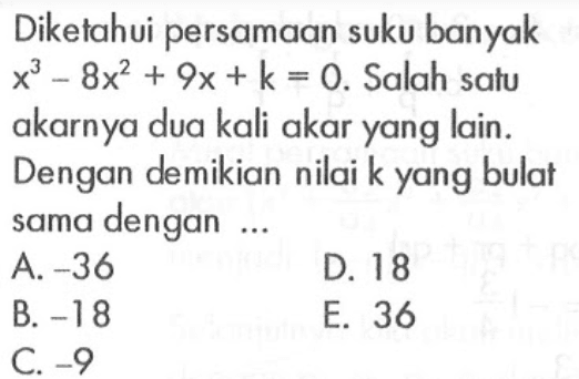 Diketahui persamaan suku banyak x^3-8x^2+9x+k=0. Salah satu akarnya dua kali akar yang lain. Dengan demikian nilai k yang bulat sama dengan ...