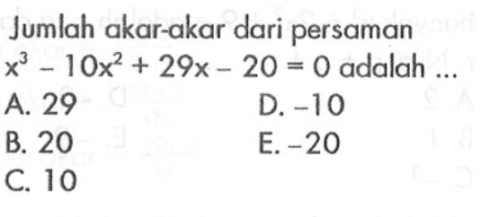 Jumlah akar-akar dari persaman x^3-10x^2+29x-20=0 adalah ...