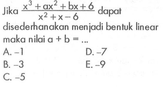 Jika (x^3+ax^2+bx+6)/(x^2+x-6) dapat disederhanakan menjadi bentuk linear maka nilai a+b = ...