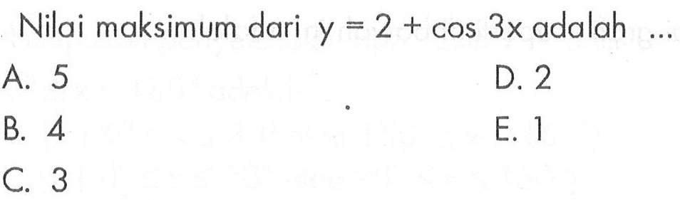 Nilai maksimum dari y=2+cos 3x adalah ...