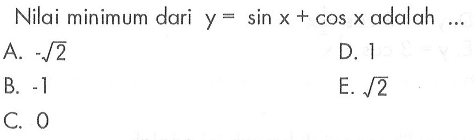 Nilai minimum dari y=sin x + cos x adalah ...