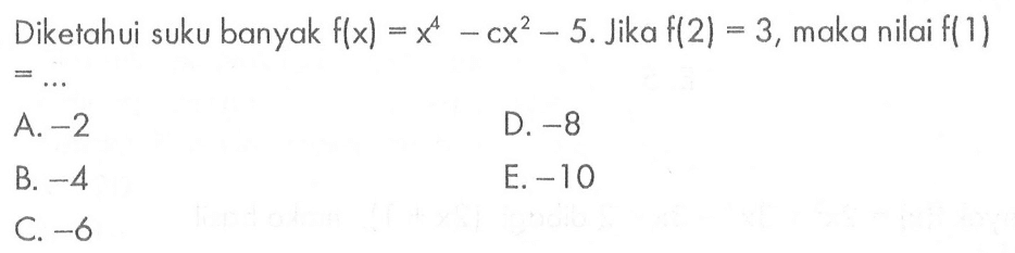 Diketahui suku banyak f(x)=x^4-cx^2-5. Jika f(2)=3, maka nilai f(1)= ...