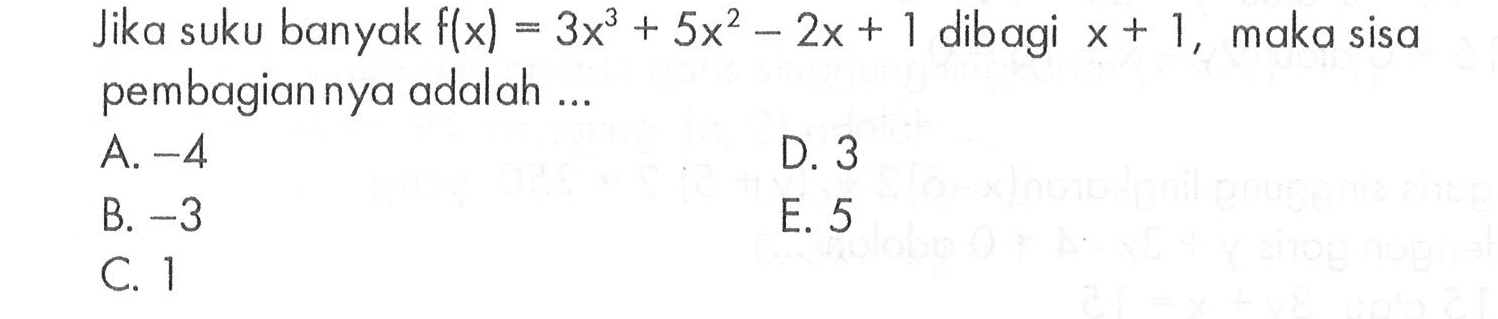 Jika suku banyak f(x)=3x^3+5x^2-2x +1 dibagi x+1 maka sisa pembagian nya adalah