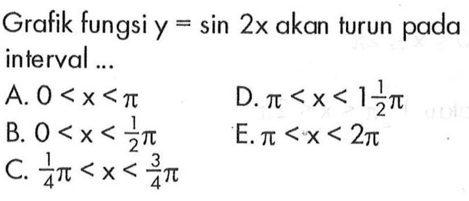 Grafik fungsi y=sin(2x) akan turun pada interval ...