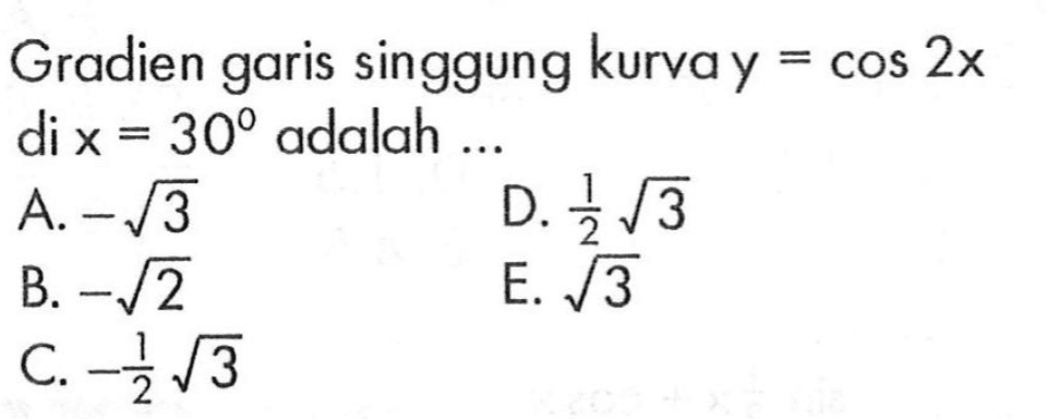 Gradien garis singgung kurva y = cos2x di x = 30 adalah