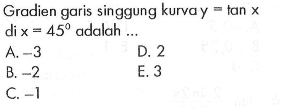 Gradien garis singgung kurva y = tan X di x = 45 adalah