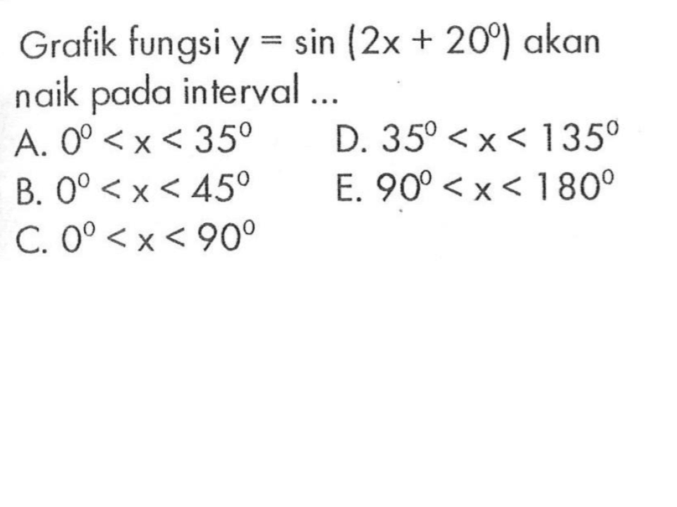 Grafik fungsi y=sin(2x+20) akan naik pada interval ...
