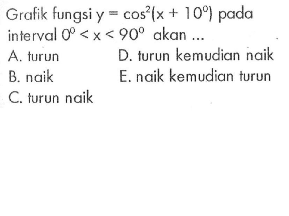 Grafik fungsi y=cos^2 (x+10) pada interval 0<x<90 akan ...