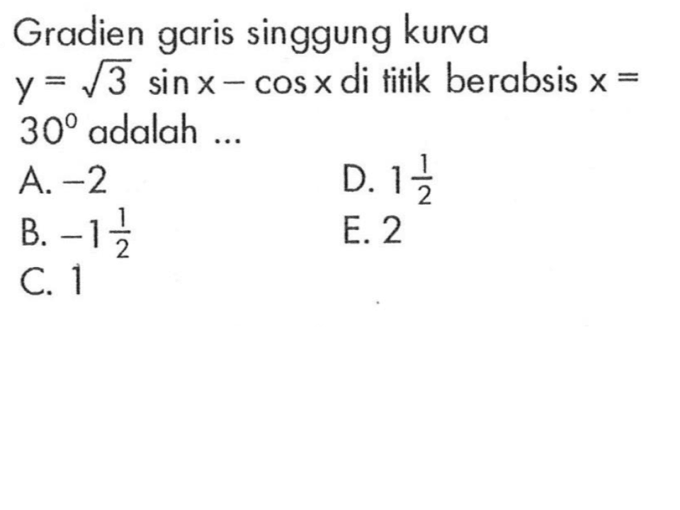 Gradien garis singgung kurva y = akar(3) sin x - cos x di titik berabsis x = 30 adalah....