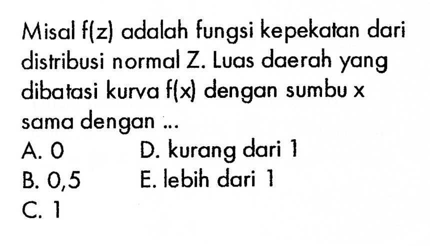 Misal  f(z)  adalah fungsi kepekatan dari distribusi normal Z. Luas daerah yang dibatasi kurva  f(x)  dengan sumbu  x  sama dengan ...