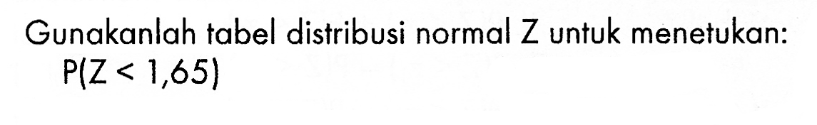 Gunakanlah tabel distribusi normal Z untuk menetukan:P(Z<1,65)