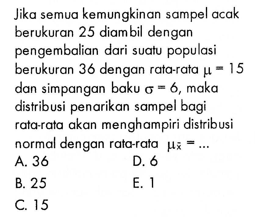 Jika semua kemungkinan sampel acak berukuran 25 diambil dengan pengembalian dari suatu populasi berukuran 36 dengan rata-rata mu = 15 dan simpangan baku sigma = 6, maka distribusi penarikan sampel bagi rata-rata akan menghampiri distribusi normal dengan rata-rata mu x =... 