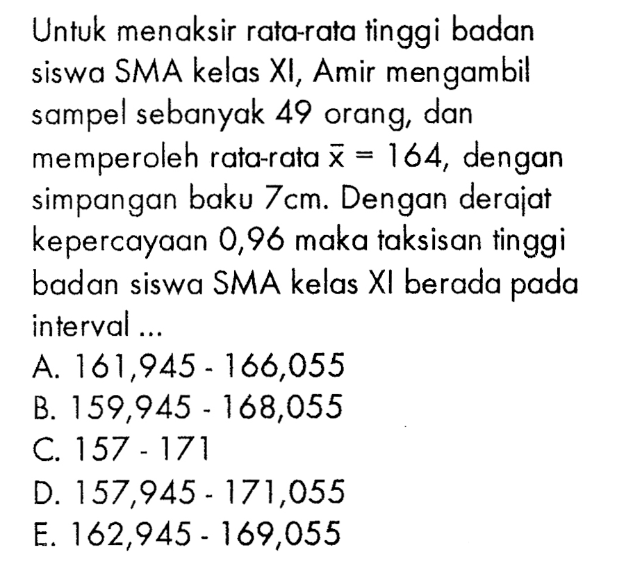 Untuk menaksir rata-rata tinggi badan siswa SMA kelas XI, Amir mengambil sampel sebanyak 49 orang, dan memperoleh rata-rata x=164, dengan simpangan baku 7 cm. Dengan derajat kepercayaan 0,96 maka taksisan tinggi badan siswa SMA kelas XI berada pada interval...