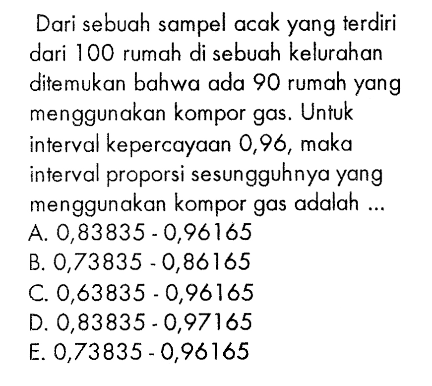 Dari sebuah sampel acak yang terdiri dari 100 rumah di sebuah kelurahan ditemukan bahwa ada 90 rumah yang menggunakan kompor gas. Untuk interval kepercayaan 0,96 , maka interval proporsi sesungguhnya yang menggunakan kompor gas adalah ...