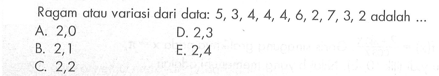 Ragam atau variasi dari data: 5, 3, 4, 4, 4, 6, 2, 7, 3, 2 adalah ...